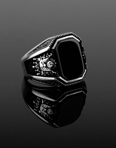 925 Ayar Oniks Taşlı Osmanlı Devlet Armalı Gümüş Erkek Yüzüğü