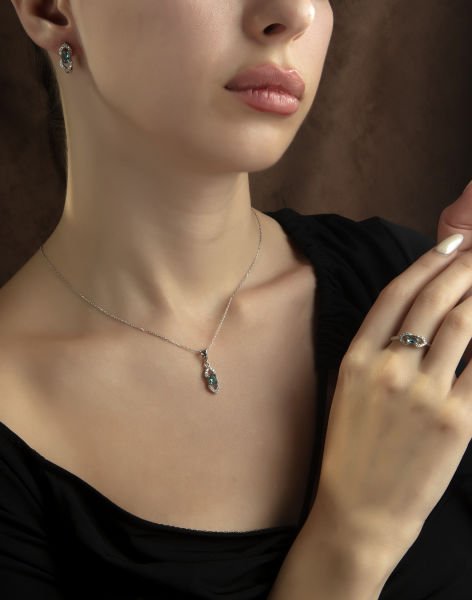 Oval Taşlı Zarif Pırlanta Modeli Gümüş Takı Seti Aquamarin - 17