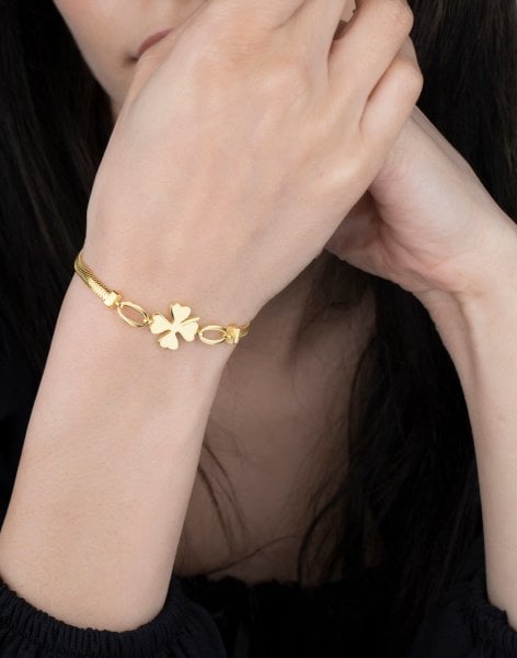 925 Ayar Gümüş Ezme Zincirli Yonca Bileklik