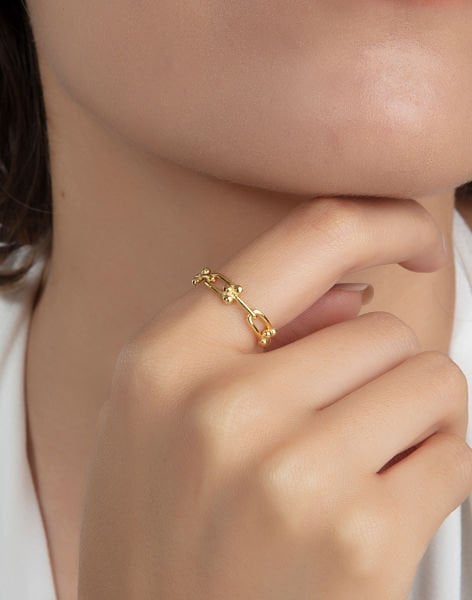 Özel Tasarım Zincir Modeli Gümüş Yüzük 18 - 14 Ayar Altın Kaplama