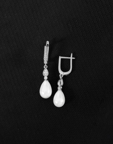 925 Ayar Gümüş Zirkon Taşlı Damla Modeli İnci Küpe