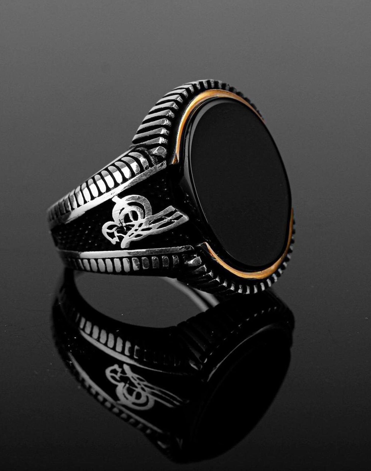 Oniks Taşlı Osmanlı Tuğralı Gümüş Erkek Yüzüğü