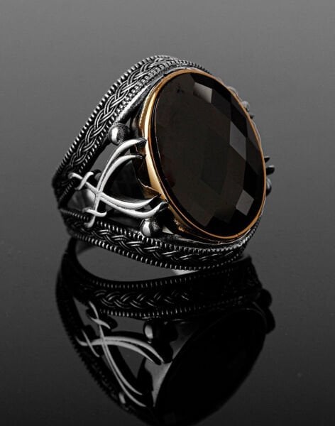 Zülfikar Desenli Oniks Taşlı Gümüş Erkek Yüzüğü