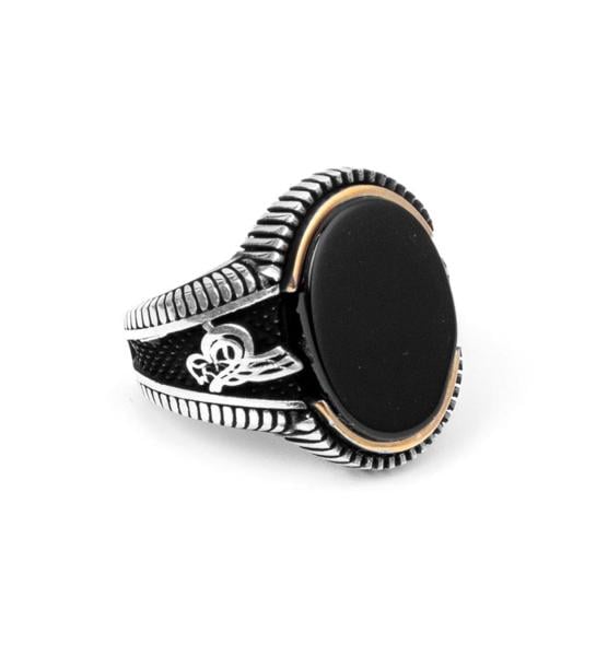 Oniks Taşlı Osmanlı Tuğralı Gümüş Erkek Yüzüğü