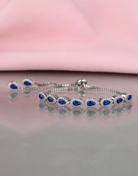 Damla Taşlı Gümüş Asansörlü Bileklik MAVİ