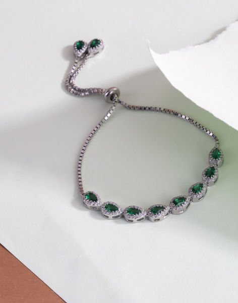Damla Taşlı Gümüş Asansörlü Bileklik YEŞİL