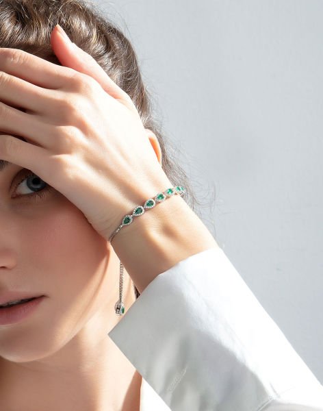Damla Taşlı Gümüş Asansörlü Bileklik YEŞİL