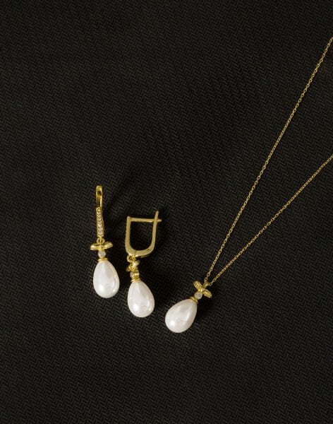 925 Ayar Gümüş Fiyonk Damla İnci Set