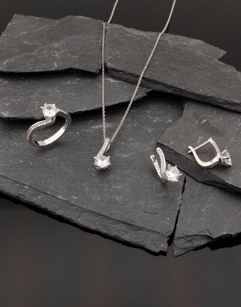 Pırlanta Tasarım Tek Taş Gümüş Takı Seti