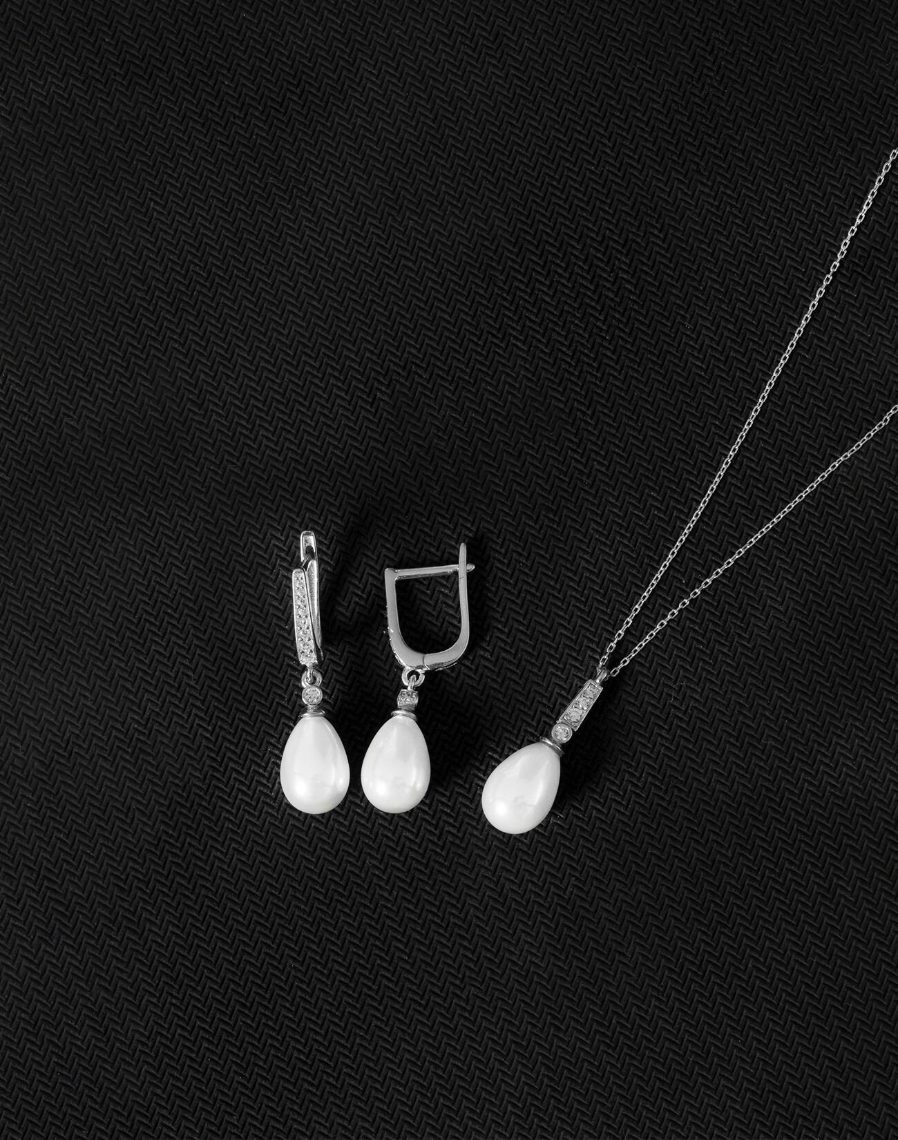 925 Ayar Gümüş Zirkon Taşlı Damla İnci Set