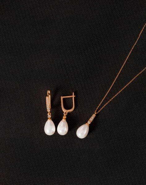 925 Ayar Gümüş Zirkon Taşlı Damla İnci Set