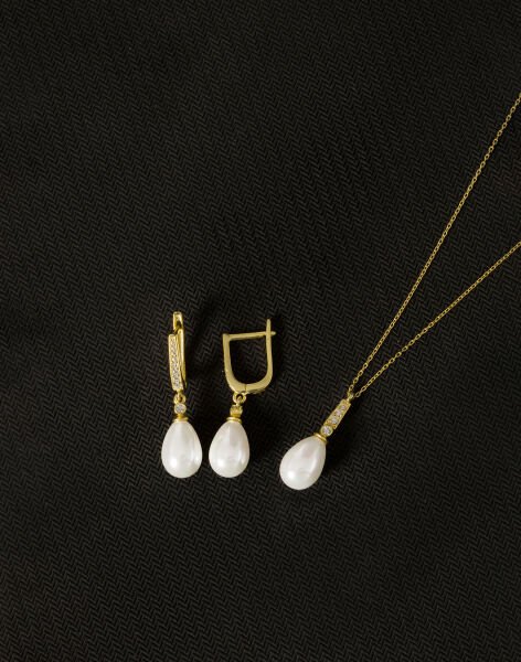 925 Ayar Gümüş Zirkon Taşlı Damla İnci Set