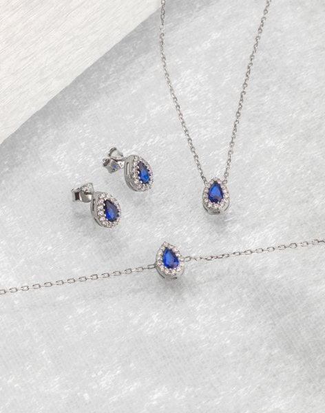 Mavi Damla Taşlı Gümüş Takı Seti