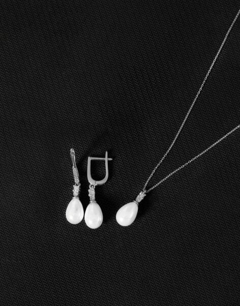 925 Ayar Gümüş Zirkon Taşlı Zarif Damla İnci Set