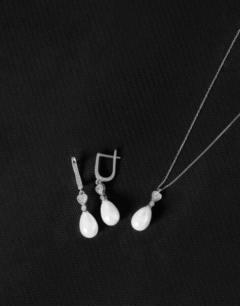 925 Ayar Gümüş Zirkon Taşlı Kalpli Damla İnci Set