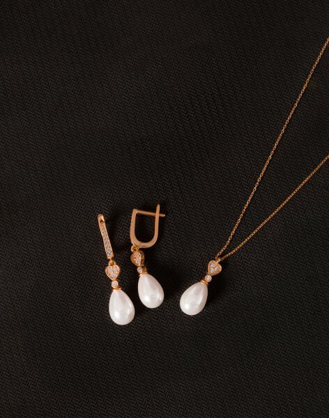 925 Ayar Gümüş Zirkon Taşlı Kalpli Damla İnci Set