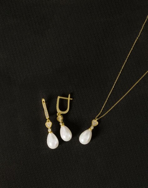 925 Ayar Gümüş Zirkon Taşlı Kalpli Damla İnci Set