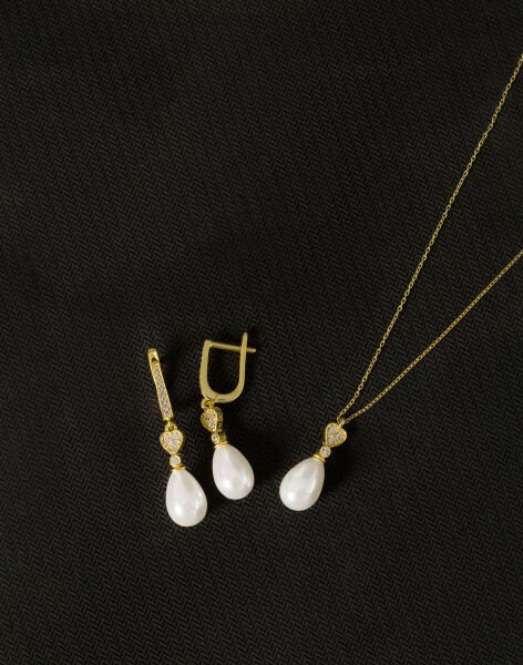 925 Ayar Gümüş Zirkon Taşlı Kalpli Damla İnci Set