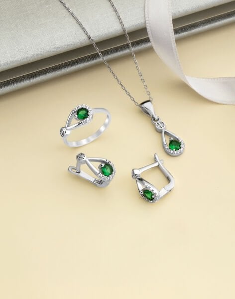 Sultanın Göz Yaşı Gümüş Takı Seti YEŞİL - 14