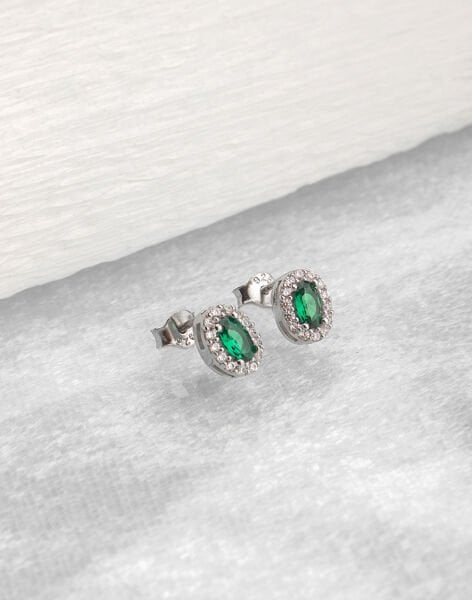 Yeşil Oval Taşlı Gümüş Küpe