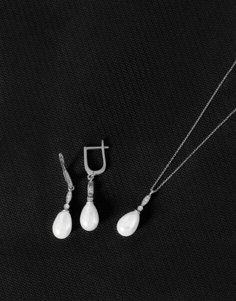 925 Ayar Gümüş Elegance Damla İnci Set Rodyum Kaplama