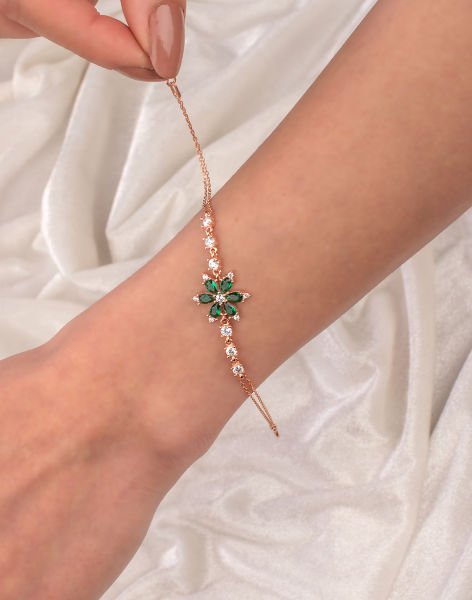 925 Ayar Gümüş Nergis Çiçeği Bileklik YEŞİL