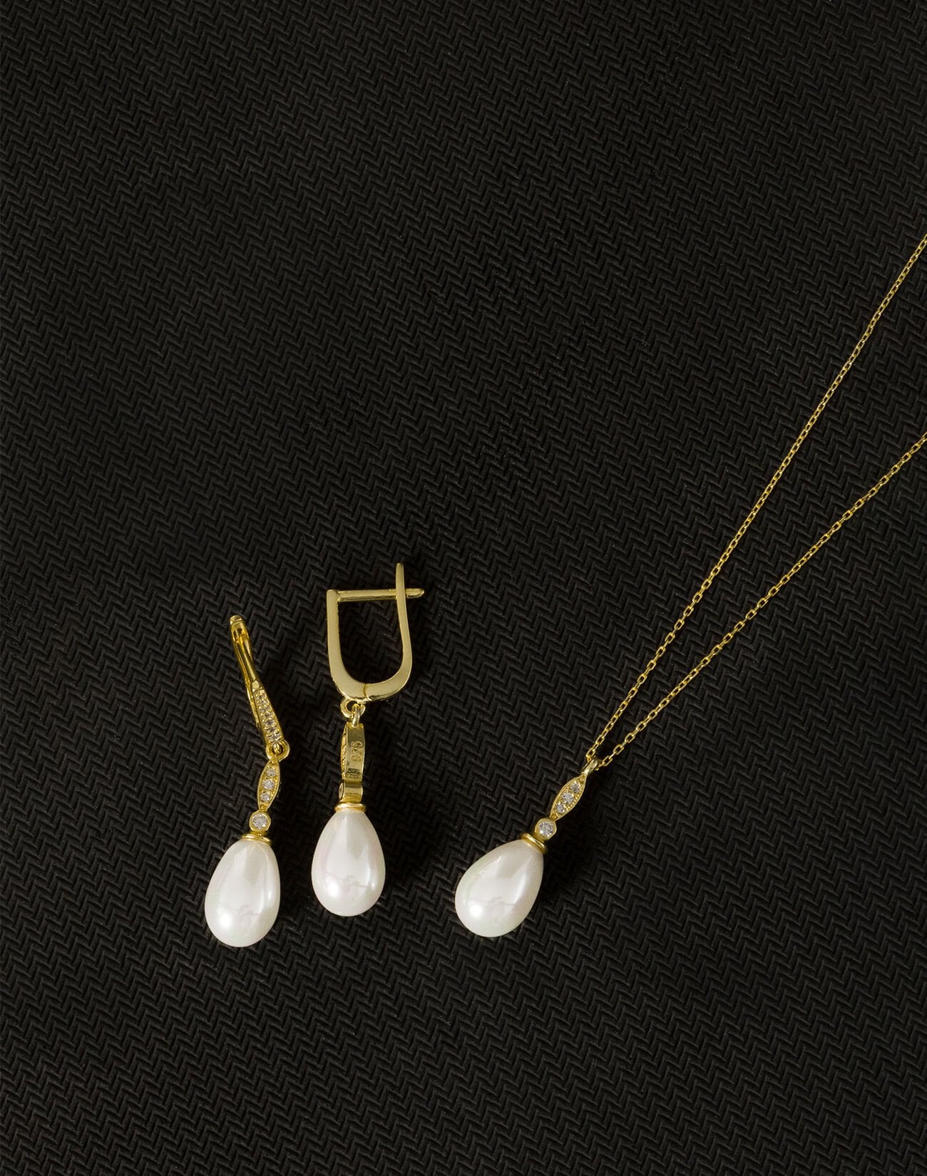 925 Ayar Gümüş Elegance Damla İnci Set 14 Ayar Altın Kaplama