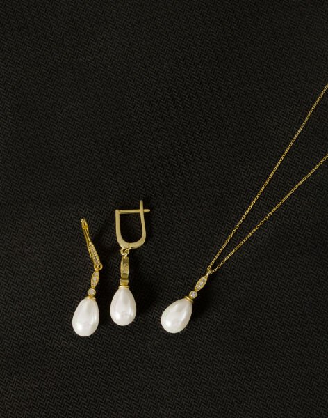 925 Ayar Gümüş Elegance Damla İnci Set 14 Ayar Altın Kaplama