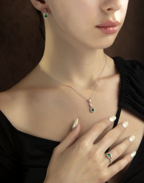 Sultanın Göz Yaşı Gümüş Takı Seti YEŞİL - 20