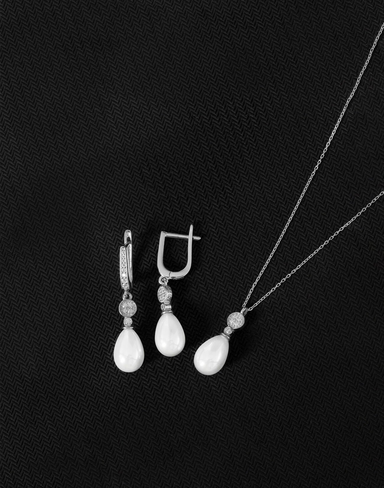 925 Ayar Gümüş Minimal Taşlı Damla İnci Set