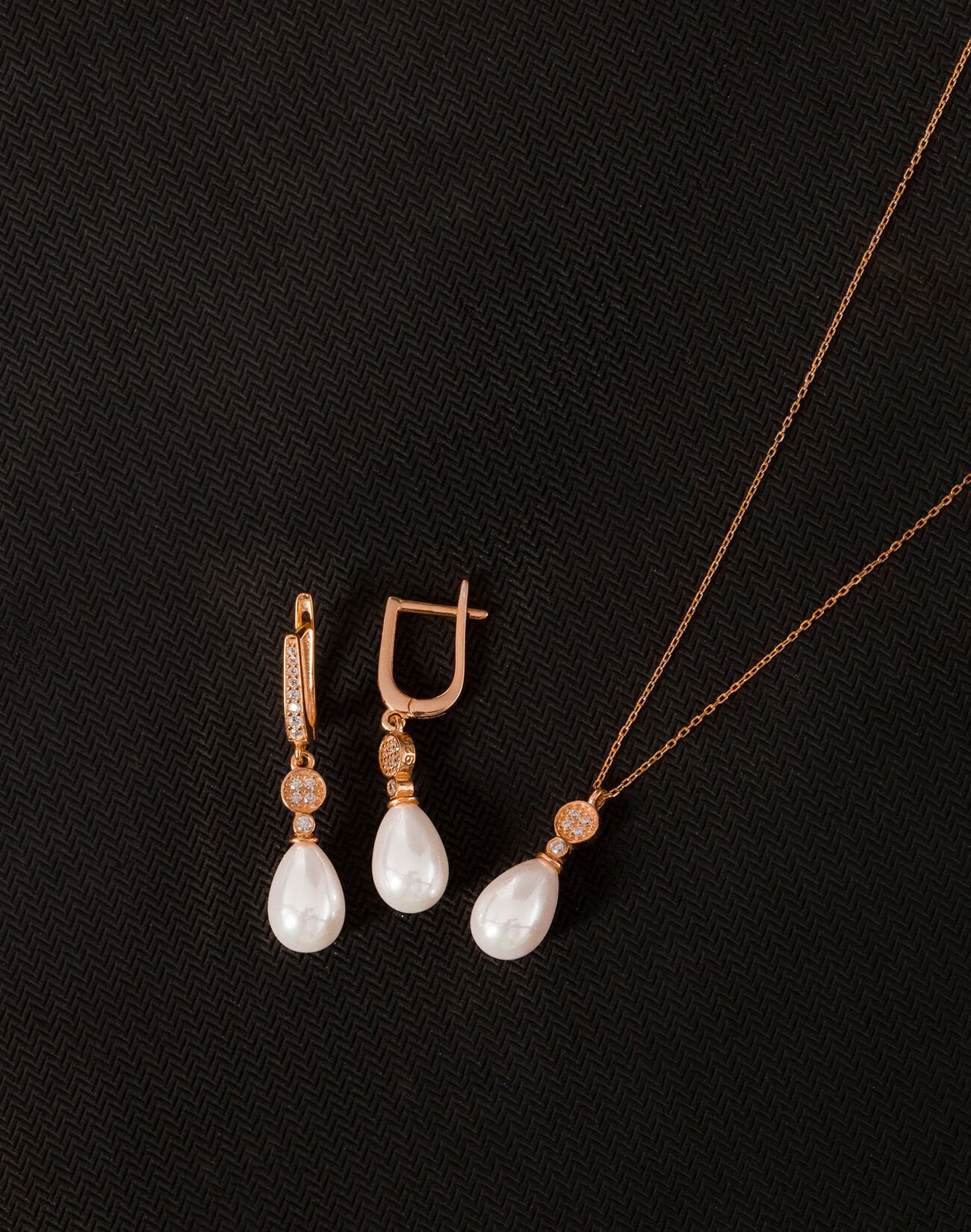 925 Ayar Gümüş Minimal Taşlı Damla İnci Set Rose Kaplama