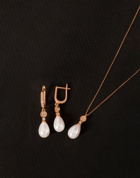 925 Ayar Gümüş Minimal Taşlı Damla İnci Set Rose Kaplama