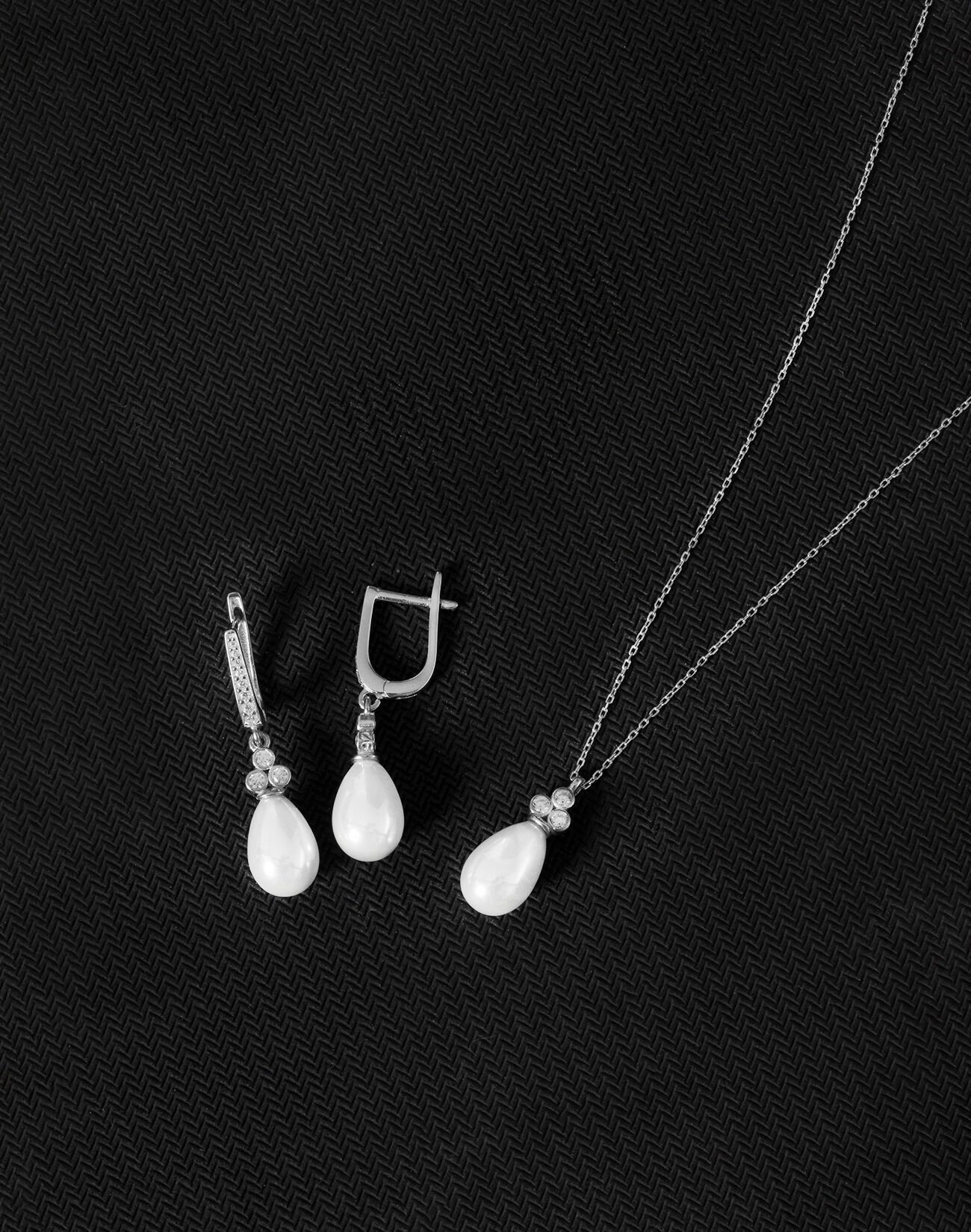 925 Ayar Gümüş Zirkon Taşlı Tria Damla İnci Set