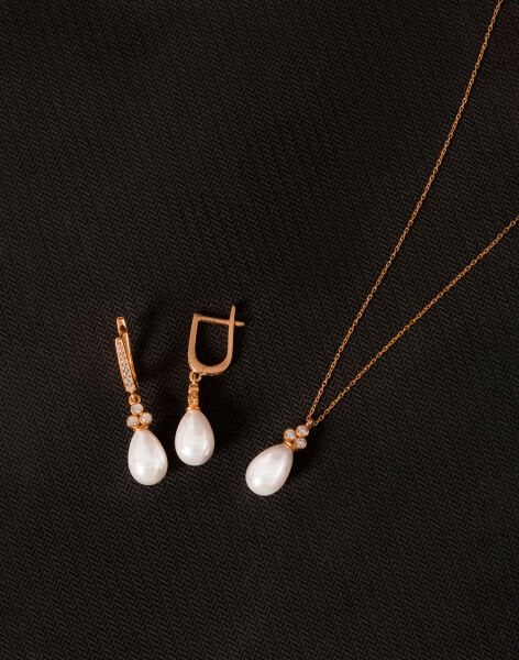 925 Ayar Gümüş Zirkon Taşlı Tria Damla İnci Set