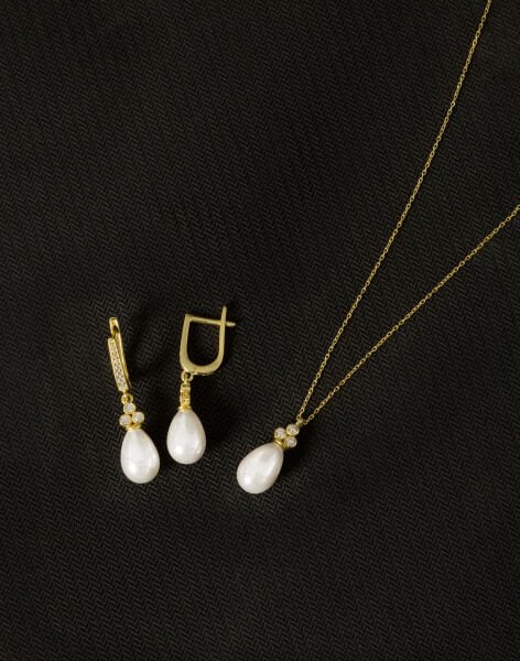 925 Ayar Gümüş Zirkon Taşlı Tria Damla İnci Set