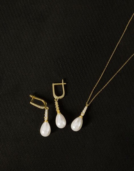 925 Ayar Gümüş Sıra Taşlı Damla İnci Set