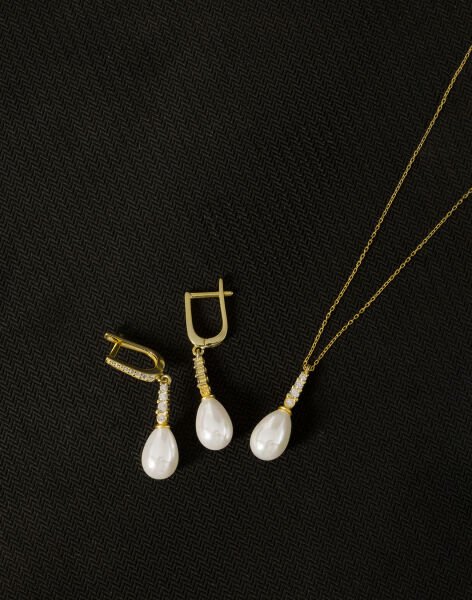 925 Ayar Gümüş Sıra Taşlı Damla İnci Set