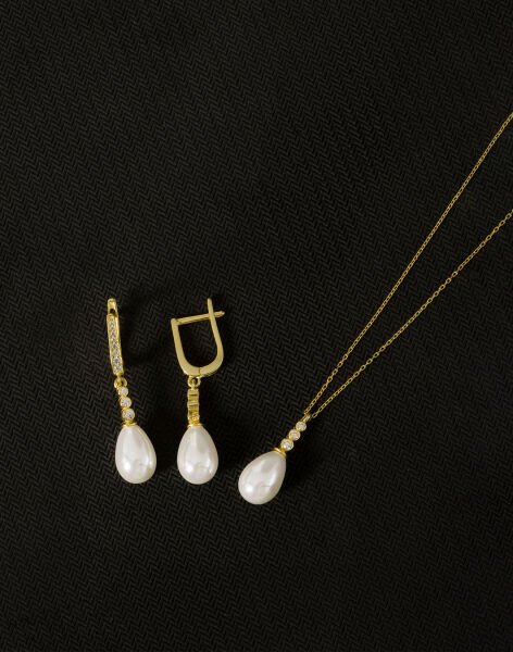 925 Ayar Gümüş Tria Modeli Damla İnci Set