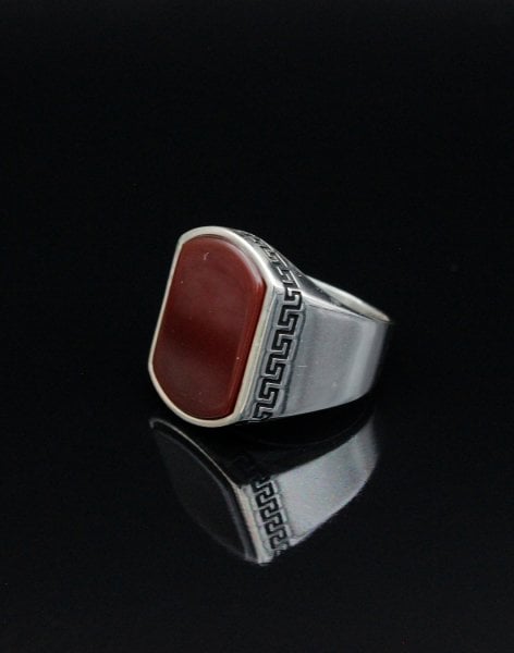 Grek Desenli Akik Taşlı Gümüş Erkek Yüzüğü