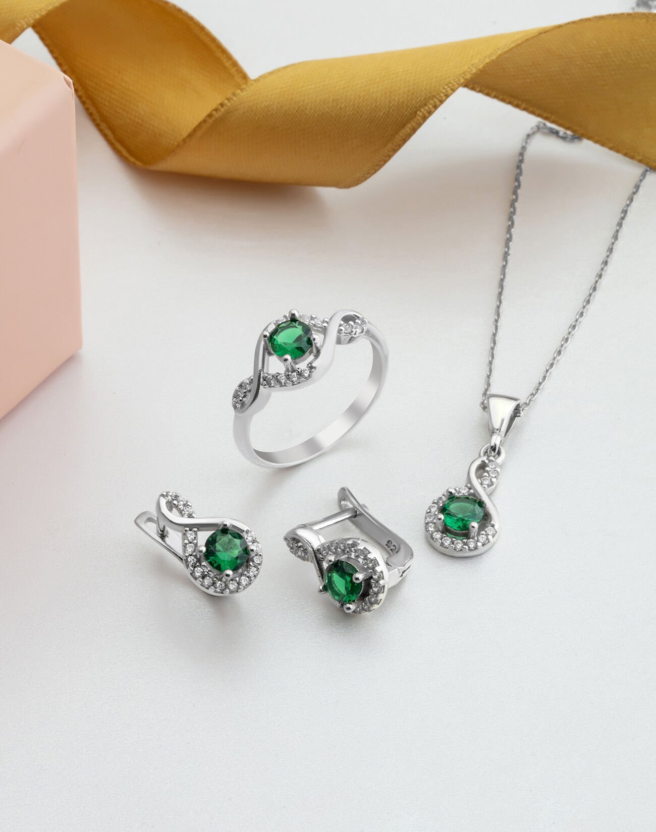 Sonsuzluk Modeli Yuvarlak Taşlı Gümüş Takı Seti YEŞİL - 16