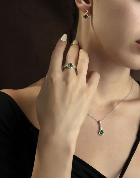 Sonsuzluk Modeli Yuvarlak Taşlı Gümüş Takı Seti YEŞİL - 16