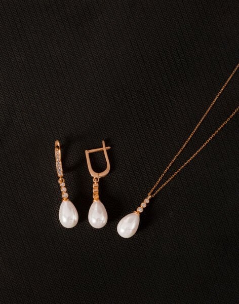 925 Ayar Gümüş Tria Modeli Damla İnci Set Rose Kaplama