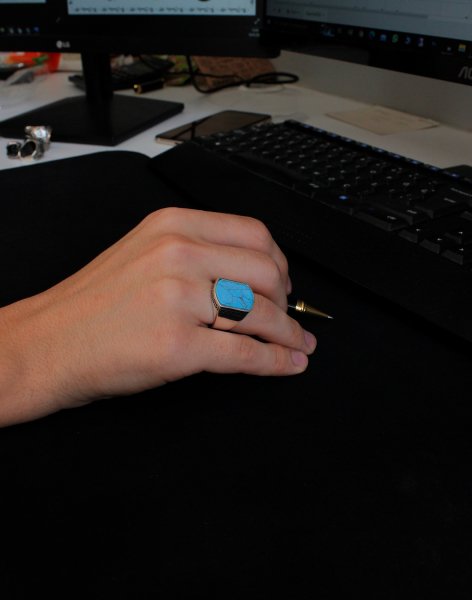 Grek Desenli Turkuaz Taşlı Erkek Gümüş Yüzüğü