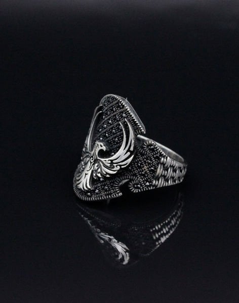 Anka Kuşu Desenli Gümüş Erkek Yüzüğü