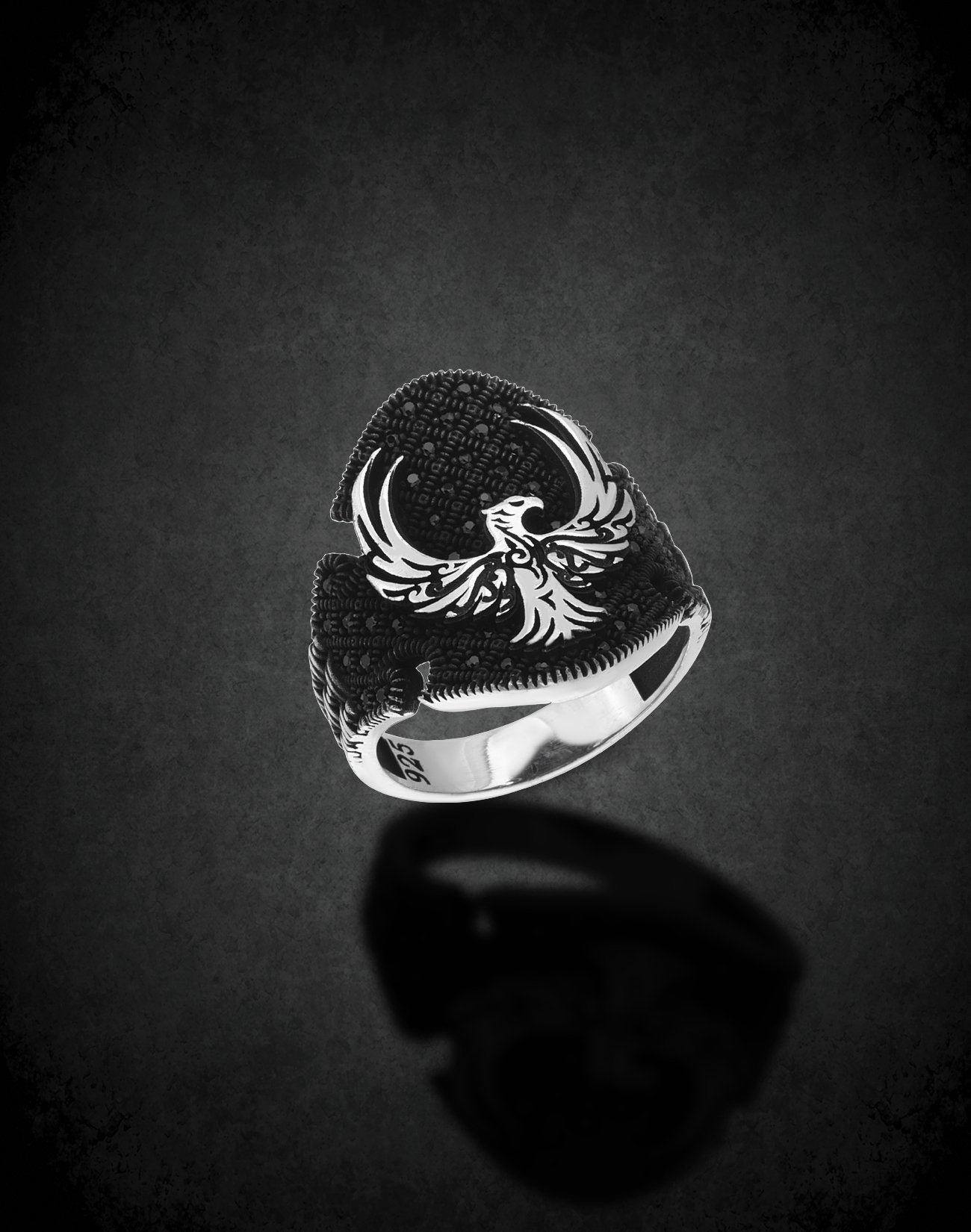 Anka Kuşu Desenli Gümüş Erkek Yüzüğü