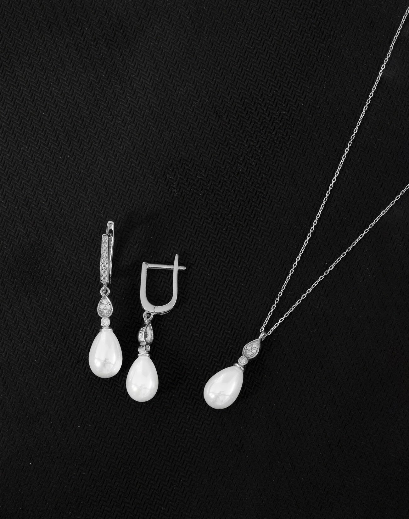 925 Ayar Gümüş Zirkon Taşlı Damla Modeli İnci Set