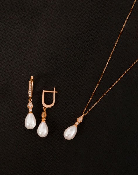 925 Ayar Gümüş Zirkon Taşlı Damla Modeli İnci Set