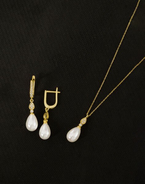 925 Ayar Gümüş Zirkon Taşlı Damla Modeli İnci Set