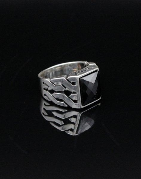 Siyah Oniks Taşlı Gümüş Erkek Yüzüğü