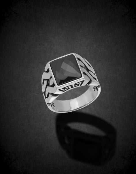 Siyah Oniks Taşlı Gümüş Erkek Yüzüğü